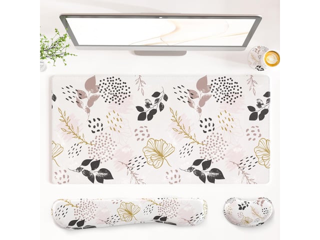 PU Leather Desk Mat Set, 4-in-1 Ergonomic Wrist Rest, Botanical Leaf Waterproof Large Mouse Pad 31.5×15.7 + Keyboard Wrist Rest + Mouse Wrist...