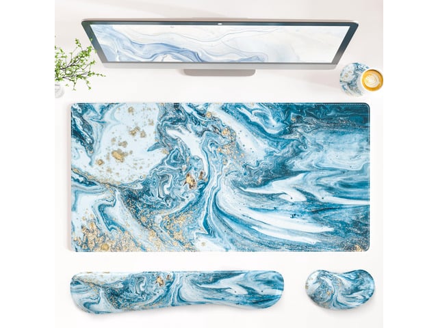 PU Leather Desk Mat Set, 4-in-1 Ergonomic Wrist Rest, Blue Marble Waterproof Large Mouse Pad 31.5×15.7 + Keyboard Wrist Rest + Mouse Wrist...