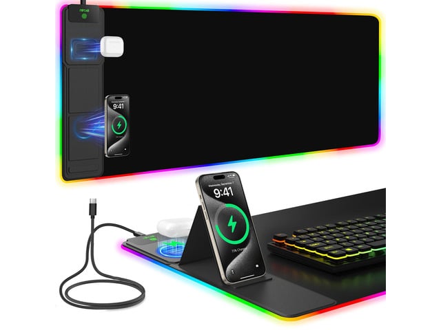 Mouse Pad with Foldable Phone Holder & Wireless Charger, XXL RGB Gaming Mousepad 31.5'x15.8' Large Desk Mat for Keyboard, Black Desk Pad with Dual...