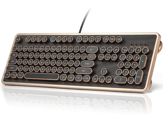 GLENCREAG RK104 Retro Mechanical Keyboard, Wired Full-Size 104 Keys with Typewriter Round Keycaps, Wooden Grain, N-Key Rollover, Green Linear...
