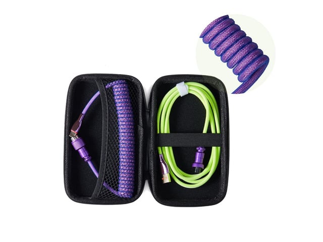 Formulamod USB C Coiled Keyboard Cable for Mechanical Keyboards - Double Sleeved Aviator Cable With Organizer Zipper Bag (Green & Purple)