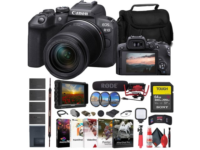 Canon EOS R10 Mirrorless Camera W/ 18-150mm Lens + 4K Monitor + VideoMic + More