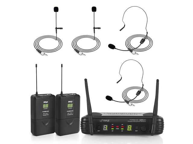 Pyle 2 Channel Wireless Microphone System - Portable UHF Digital Audio Mic Set with 2 Headset, 2 Lavalier lapel, 2 Transmitter, ¼'' cable, power...