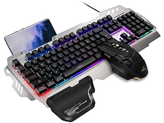 FENIFOX Gaming Keyboard and Mouse, Wired Backlit Rainbow Ergonomic Mechanical Feeling Led Removable Hand Rest Metal Panel,for Windows PC Gamer PS4...