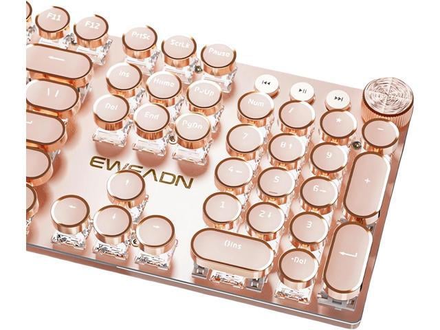Typewriter Style Mechanical Gaming Keyboard White LED Backlit 104-Key NKRO Pink Switches Retro Round Keycaps Golden Ring Volume Knob Metal Panel...