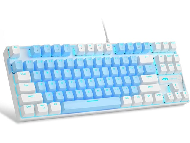 MageGee 75% Mechanical Gaming Keyboard, Blue Switch, LED Blue Backlit, 87 Keys Compact TKL Wired Keyboards for Windows Laptop PC Gamer - Blue/White