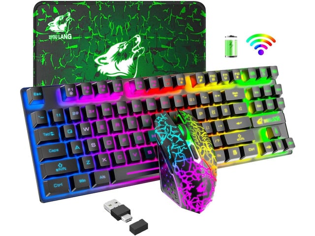 Wireless Gaming Keyboard and Mouse Combo,Rainbow Backlit Rechargeable 3800mAh Battery,87 Keys Mechanical Feel Ergonomic Waterproof Keyboard,RGB...