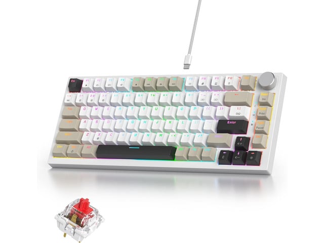 75% Mechanical Gaming Keyboard with Volumn Knob, Gasket Hot Swappable RGB, Wired, Red Switch, 82 Keys Compact Creamy (Black Grey)