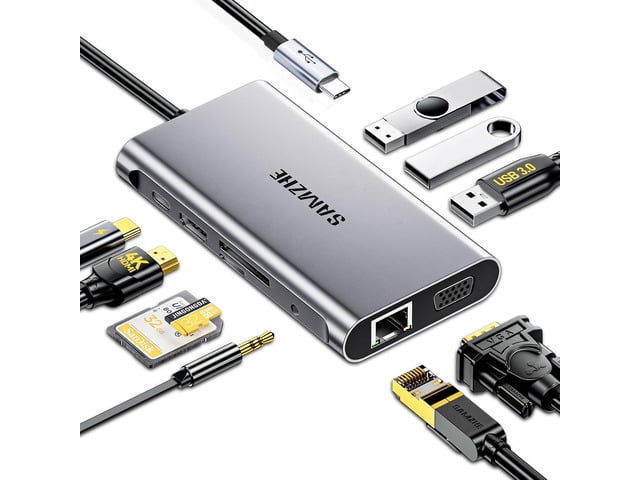 SAMZHE USB C Docking Station 10-in-1 USB-C Hub Dual 4K HDMI Monitor Laptop Dock Stations Multiple Adapter with HDMI 4K+VGA+3 USB-A 3.0 Port+100W PD...