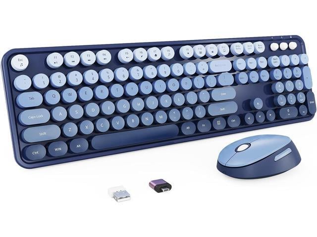 Wireless Keyboard and Mouse Combo, Retro Typewriter Keyboard with Round Keycaps, Full-Size Ergonomic, Blue, Ideal for Windows PC, Home, Office, and...