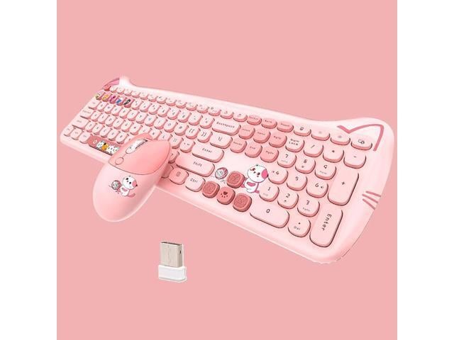 Cute Cat 2.4G USB Wireless Keyboard and Mouse Combo, Silent Keys, Candy Colors, Compatible with Notebook, PC (Pink-110Keys)