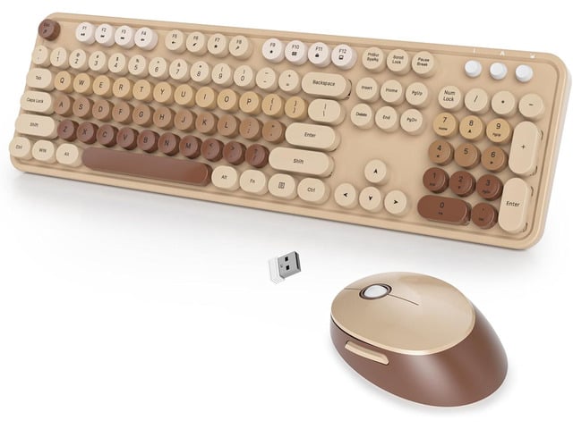 Wireless Keyboard and Mouse Set, Retro Typewriter Keyboard, 2.4GHz Full Size 104-Key Cute Keyboard with Number Pad, Colorful Keyboard with Round...