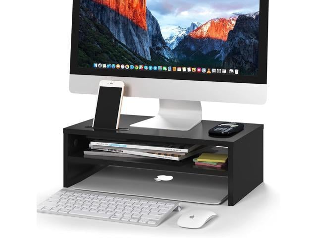BONTEC Wooden Monitor Stand Riser, 2-Tier Desk Shelf with Storage Organizer, Ergonomic Computer Stand with Cable Management, Cellphone Holder,...