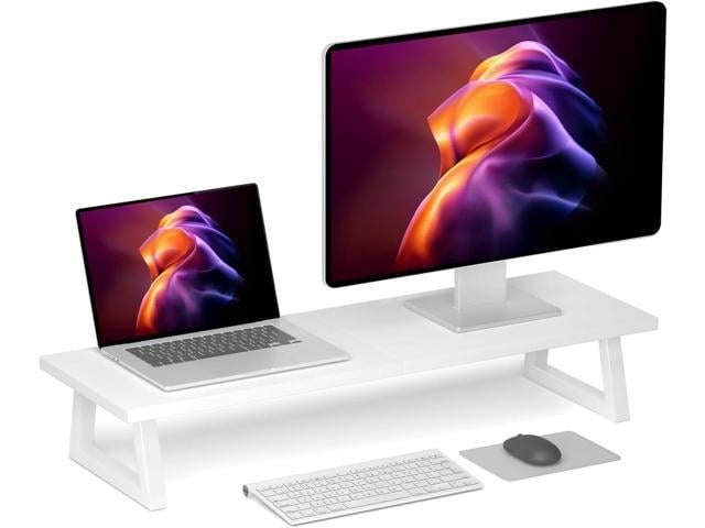 TEAMIX White Dual Monitor Riser - 31.5 inch Wide TV Stand for 2 Monitors - Wood & Steel Desktop Riser for Dual Screen Office Desk Organization