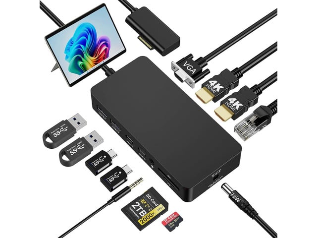 Quanlex Dual HDMI+VGA Dock Works Devices - 12-in-1 Triple Display Docking Station for Pro (12/11/10/9/8/X/7/6/5/4), Laptop, Go, Book
