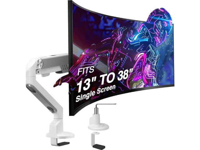 AVLT Single 13'-38' Monitor Arm Desk Mount - White fits One Flat/Curved/Ultrawide Screen Full Motion Height Swivel Tilt Rotation Adjustable Arm -...