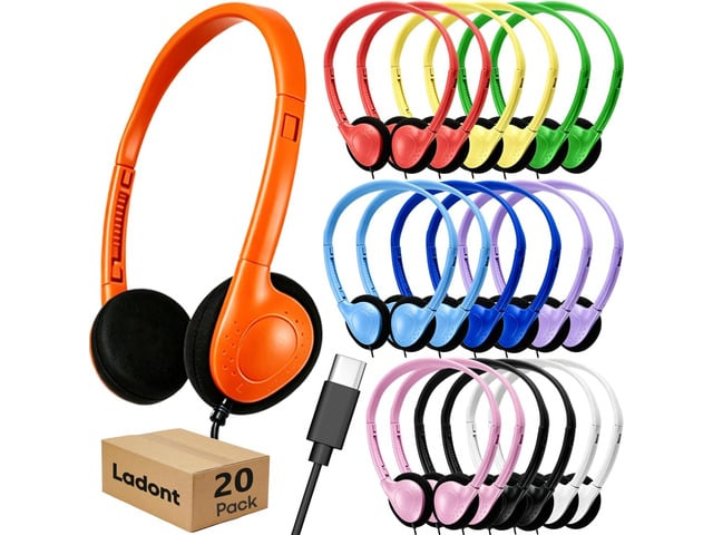 Class Set Headphones Type-C (20 Pack), Durable Kids Wired Headphones for Chromebook & Laptop, Bulk School Headphones for Students Teens Boys Girls,...