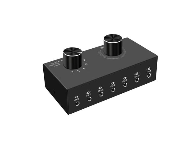 6-Way Audio Switcher, 3.5mm (1/8') Stereo Audio Switcher, Plug & Play Compatible with PC, Laptop, MP3, MP4, Headphone, Game System ect. (6 in-1 Out)
