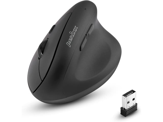 Perixx PERIMICE-608II Wireless Vertical Mouse, 2.4GHz, 6 Buttons, Adjustable DPI 800/1200/1600/2400, Right-Handed Design, USB Receiver, Black