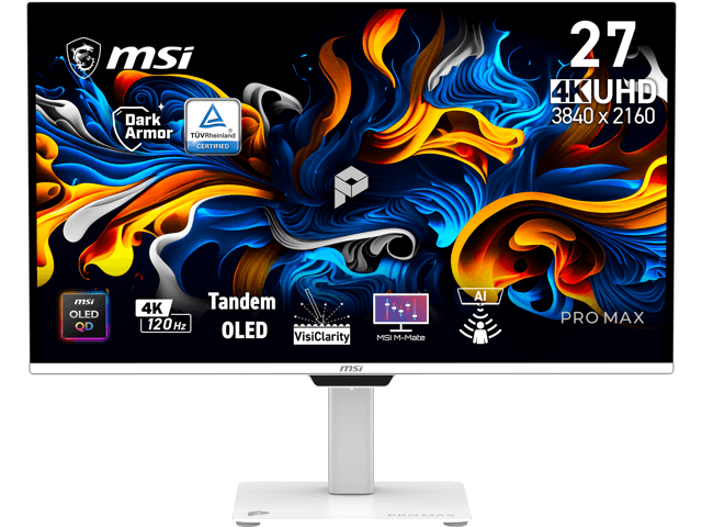MSI 27 inch UHD 4K 120Hz AMD FreeSync Premium Pro 0.03ms HDR400 USB-C Tandem OLED Built-in Speakers White Gaming Computer Monitor with Height...