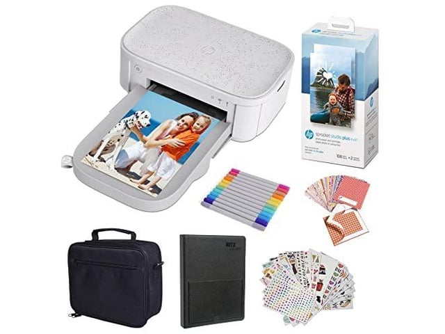 HP Sprocket Studio Plus 4x6 Instant Photo Printer Bundle: Photo Album, Markers, Photo Paper, and Stickers.,White