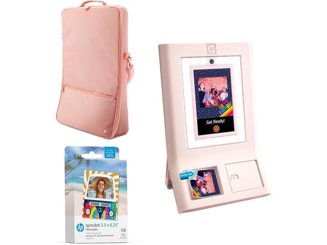 HP Sprocket Photobooth 3x4 Photo Printer (Pink) Bundle with Zink Paper (100 Sheets) & Carrying Case