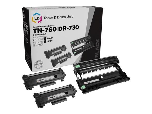 Brother LD Products Compatible Replacements for Brother 760 TN760 TN-760 Black Toner Cartridge & DR730 DR-730 Drum Unit (2 Toners 1 Drum, 2pk) TN760