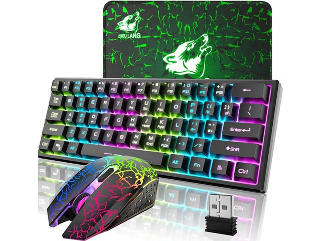 Wireless Gaming Keyboard and Mouse Combo,61 Key Rainbow Backlit Keyboard with Rechargeable 4000mAh,Mechanical Feel,Ergonomic,Quiet,RGB Mute Mice...