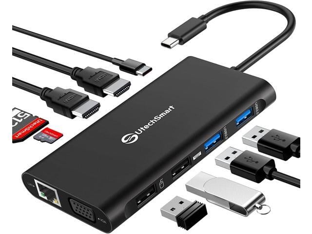UtechSmart Triple Monitor USB-C Laptop Docking Station - 11-in-1 Dock with 2 HDMI, VGA, PD3.0, SD/TF Card Slot, 4 USB Ports - Compatible with...