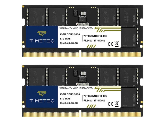 Timetec 32GB KIT(2x16GB) DDR5 5600MHz PC5-44800 Unbuffered Non-ECC 1.1V CL46 1Rx8 Single Rank 262 Pin SODIMM Laptop Memory RAM Module Upgrade