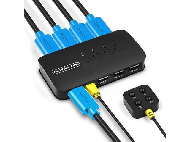 4K HDMI KVM Switch, 4 Port HDMI USB Switch for 4 Computer Share a 4K@30Hz Monitor and 3 USB Device Keyboard Mouse Printer, Including 4 KVM Cables