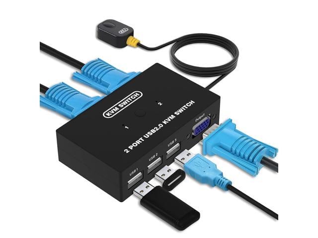 USB VGA KVM Switch for 2 PC Sharing 1 Video Monitor and 3 USB Devices, Keyboard Mouse Scanner Printer, for Laptop PC Windows Mac OS System