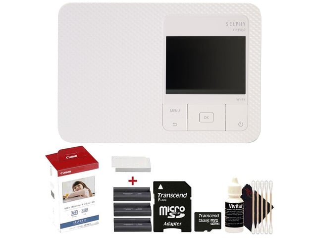 Canon SELPHY CP1500 Compact Photo Printer (White) with KP-108IN Selphy Color Ink 4x6 Paper Set Accessory Kit