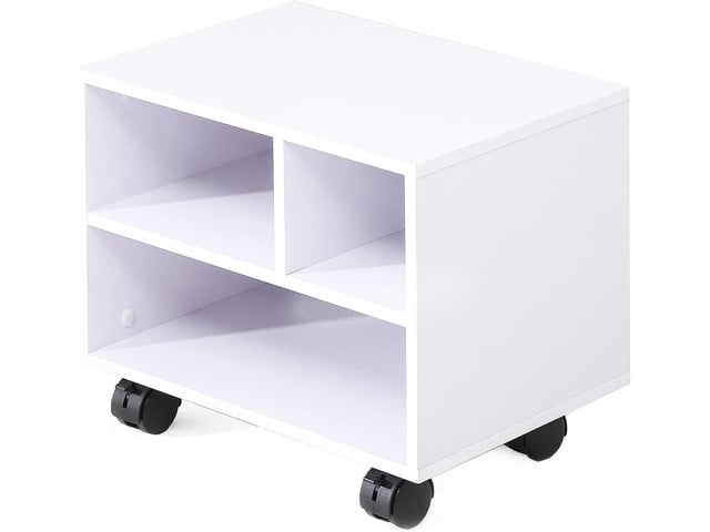 FITUEYES Under Desk Printer Stand with 3 Storage Organizer Compartments, White Mobile Small Printer Table Work Cart on Removable Casters for Home...