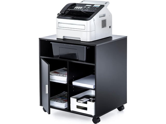 FITUEYES Printer Stand with Storage Adjustable Shelves, Wood Mobile Cart with Door, Rolling File Cabinet on Wheels for Home Office, Black, PS406001WB