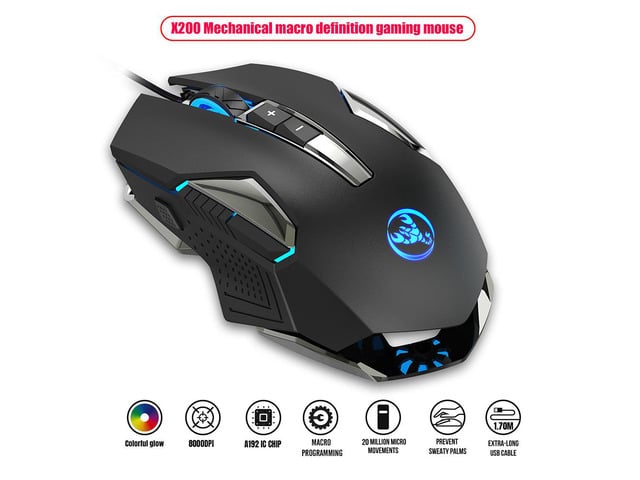 HXSJ S600 Ergonomic Programmable Gaming USB Wired Mouse with Colorful RGB Light, 9 Macro Keys, 7200DPI