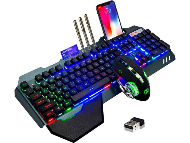 Wireless gaming Keyboard and Mouse,Rainbow Backlit Rechargeable Keyboard Mouse with 3800mAh Battery Metal Panel,Removable Hand Rest Mechanical Feel...