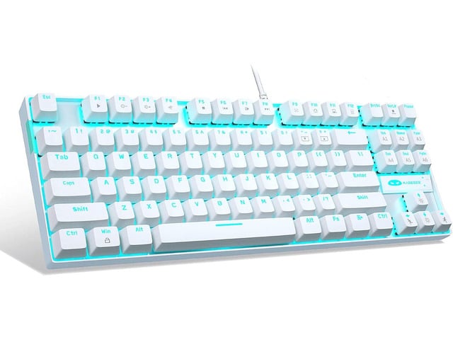 MageGee Mechanical Gaming Keyboard with Blue Switch, Compact 87 Keys Wired Computer Keyboard for Windows Laptop PC Gamer, LED Ice Blue Backlit, White