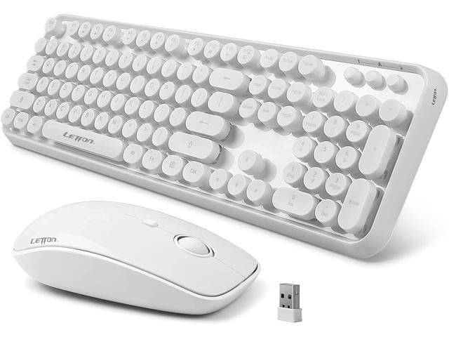 White Retro Typewriter Keyboard and Mouse Wireless Combo, Cute Wireless Keyboard with Retro Round Keycaps,2.4Ghz Full Szie Creamy Clicky &...