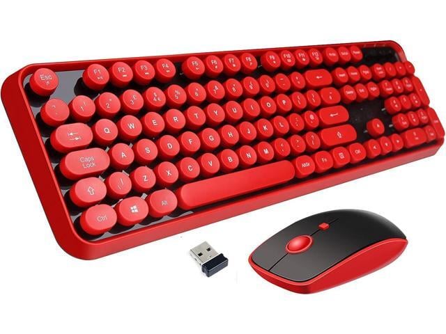 Wireless Keyboard and Mouse Combo, Retro Typewriter Style Red Keyboard with 104 Round Keys, Cute Bubble Round Keycaps, 2.4GHz Clicky Creamy...