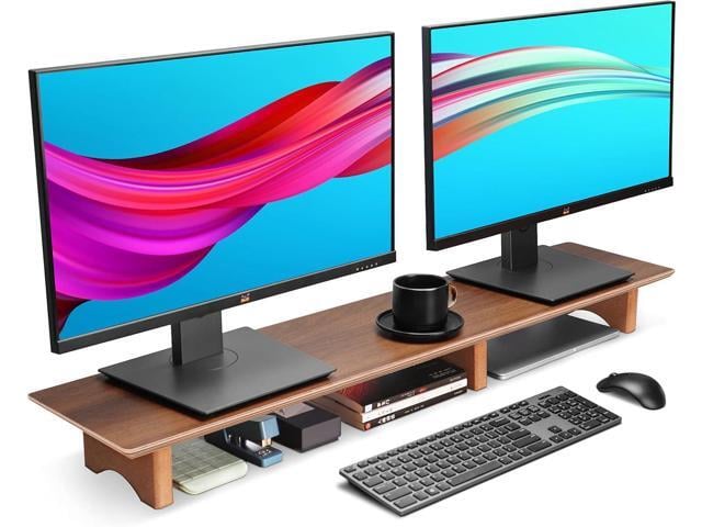 Aothia Large Dual Monitor Stand Riser, Solid Wood Desk Shelf with Eco Cork Legs for Laptop Computer/TV/PC/Printers, Perfect Desktop Stands...
