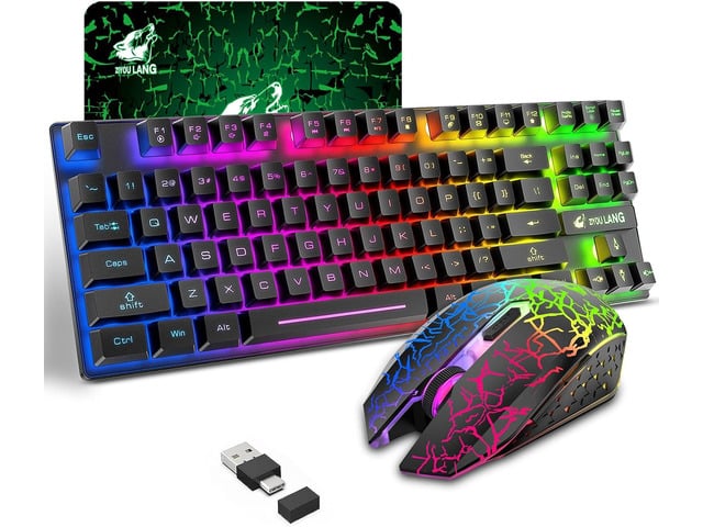 Wireless Gaming Keyboard and Mouse Combo with 87 Key Tenkeyless Rainbow LED Backlight Rechargeable 3800mAh Battery Anti-ghosting Ergonomic...
