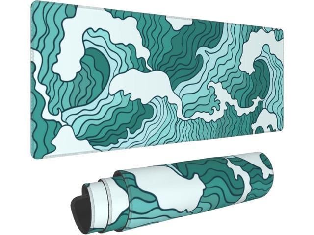 Japanese Green and White Wave Gaming Mouse Pad XL, Non Slip Rubber Base Mousepad, Stitched Edges Desk Pad, Extended Large Mice Pad,31.5 X 11.8 Inch