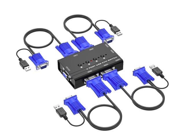 VGA KVM Switch, Yinker 4 Port USB VGA KVM Switch w/4 KVM Cables & 3 USB Hubs for 4 Computers Share One Monitor Keyboard Mouse