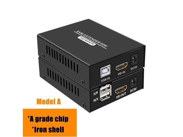 1 Pair 60M Video Extension Adapter HDMI-compatible KVM USB-A Keyboard Mouse Aluminium Alloy RJ45 Lan Ethernet Extender TX RX(EU Plug) (Model A)