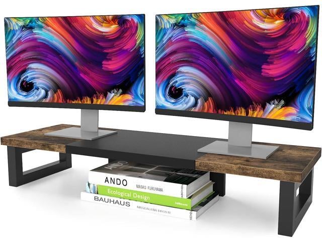 WESTREE Dual Monitor Stand Riser, Wood and Steel Multi-Purpose Desktop Storage Stand for 2 Monitors for Computer, Laptop, Printer, TV, Rustic Brown