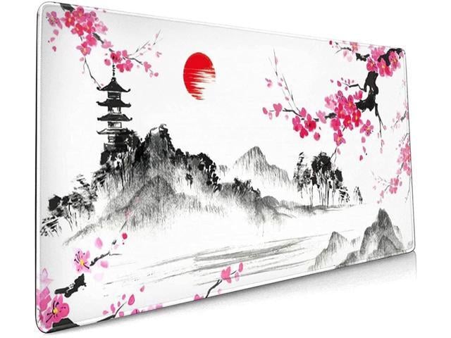 BUCIER Watercolor Sakura Mouse Pad 35.4 X 15.7 Inch Hills Cherry Blossom Extended Large Pink Mouse Mat Non-Slip Rubber Base Mousepad with Stitched...