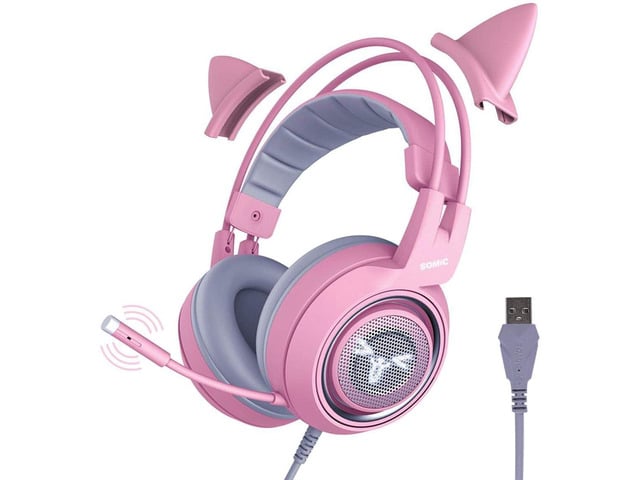 SOMIC G951pink Gaming Headset for PC, PS4, PS5, Laptop, Cat Ear Headphone USB Gaming Headphones with Mic Noise Cancelling, LED Light, 7.1 Virtual...