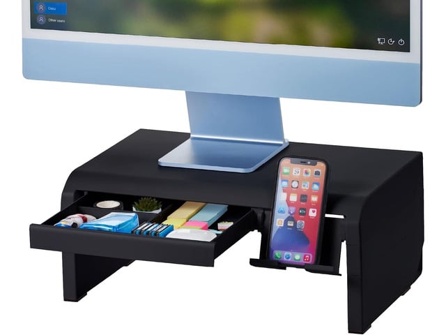 Bostitch Konnect Adjustable Monitor Riser with Drawer & Cell Phone Holder, Laptop Stand for Desk, 4 Height Levels, Cable Management & Rubber Feet