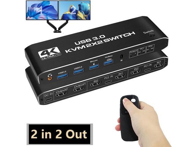 Dual Monitor HDMI KVM Switch 2 Monitors 2 Computers, 4K@60Hz HDMI KVM switches 2 in 2 Out with Audio, USB 3.0 Hub Share Keyboard Video Mouse...
